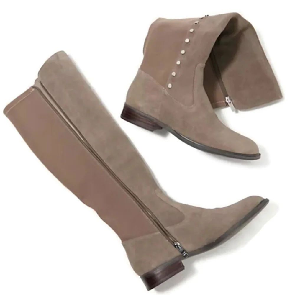 Marc Fisher Suede Leather Med Calf Tall Shaft Studded Taupe Gray Boots EUC 6.5